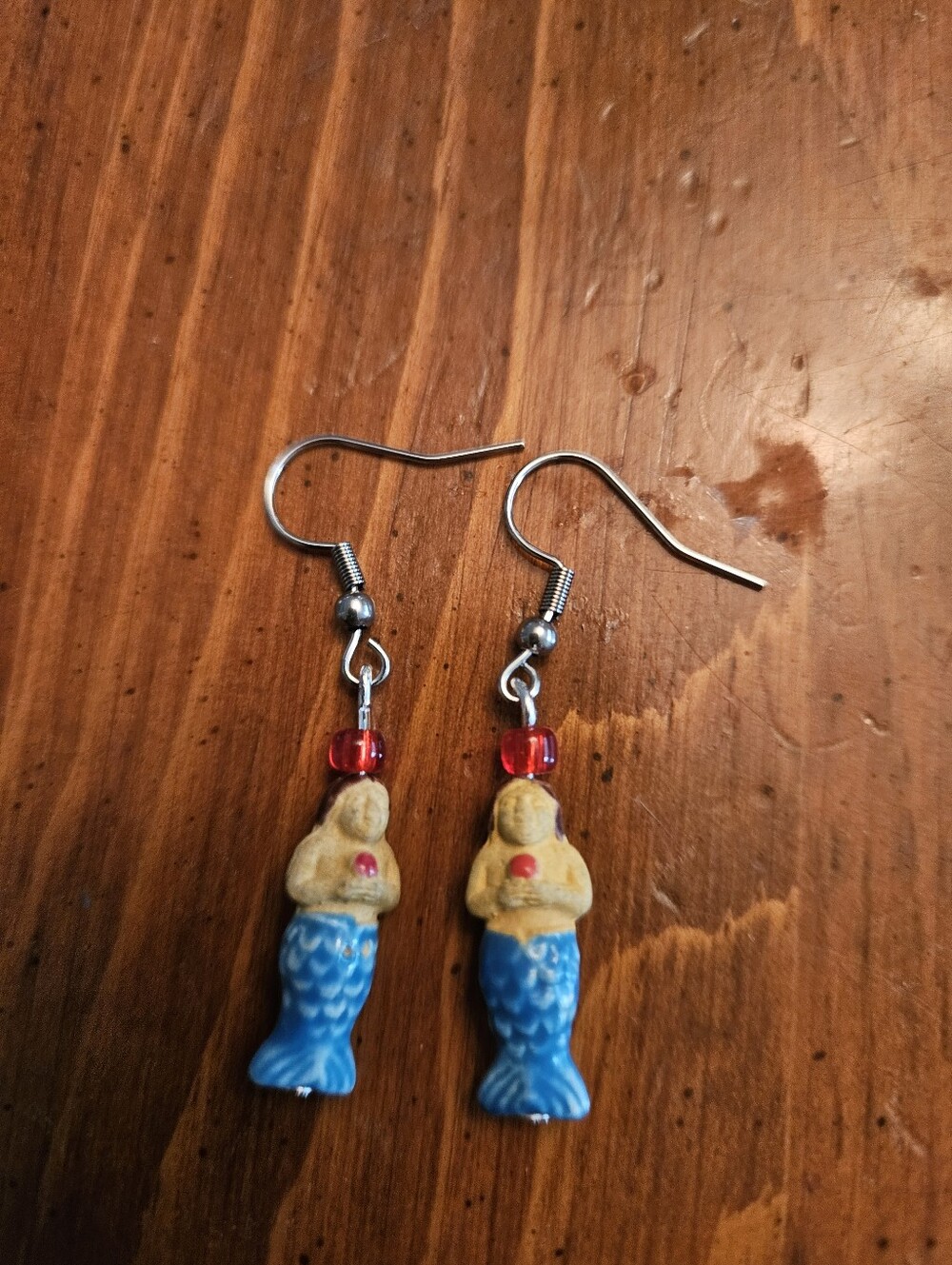 Handmade Blue Mermaid Dangle Earrings with Red Accent